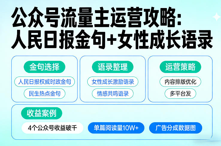 利用人民日报金句+女性成长语录做公众号流量主，4个公众号收益破千-海之城短剧项目