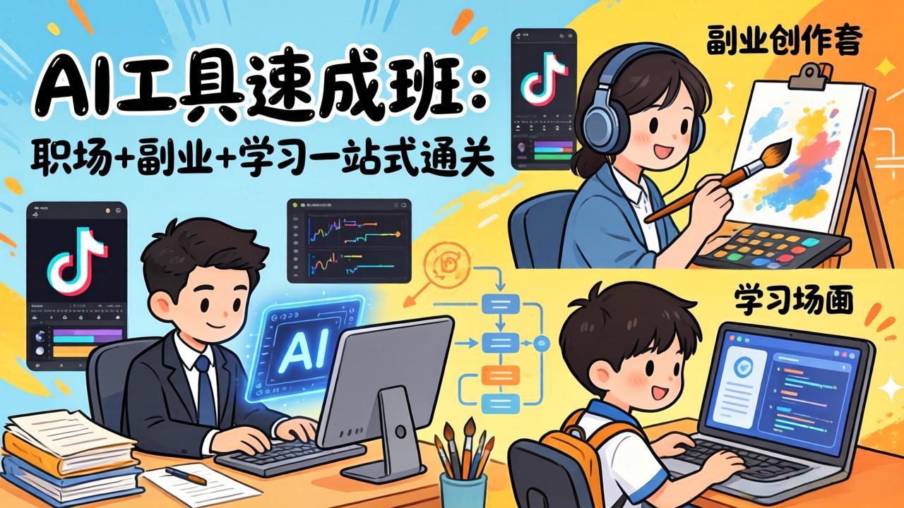 AI工具速成班：职场+副业+学习一站式通关，20+爆款类型+剪映技巧+抖音算法，0基础快速上手-海之城短剧项目