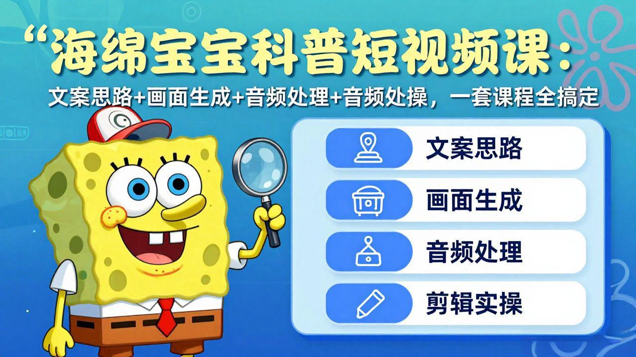 海绵宝宝科普短视频课：文案思路+画面生成+音频处理+剪辑实操，一套课程全搞定-海之城短剧项目