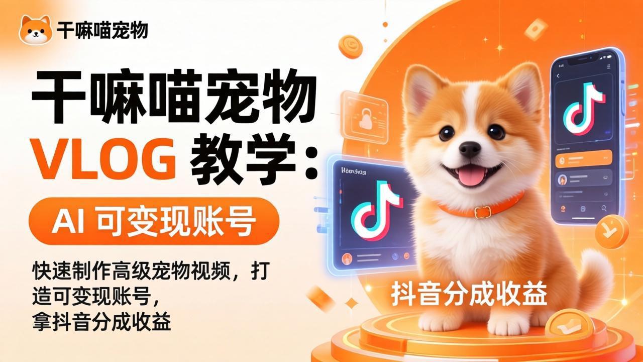 干嘛喵宠物 VLOG 教学：AI 快速制作高级宠物视频，打造可变现账号，拿抖音分成收益-海之城短剧项目