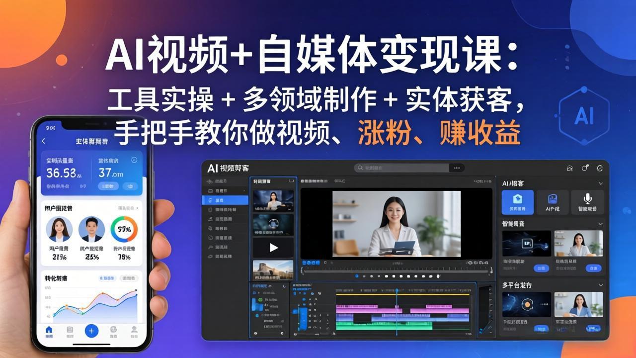 AI视频+自媒体变现课：工具实操 + 多领域制作 + 实体获客，手把手教你做视频、涨粉、赚收益-海之城短剧项目