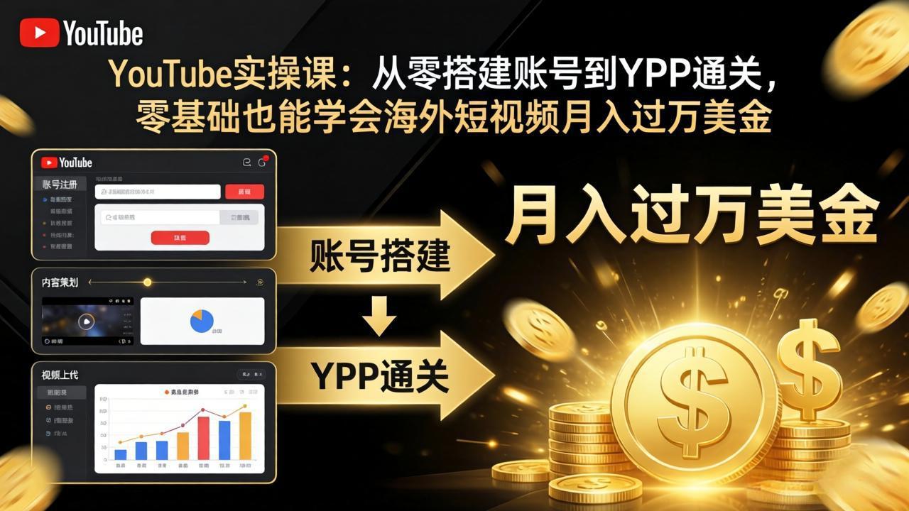 YouTube实操课：从零搭建账号到YPP通关，零基础也能学会海外短视频月入过万美金-海之城短剧项目