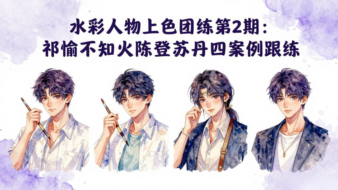 水彩人物上色团练第2期：祁煜不知火陈登苏丹四案例跟练，手把手提升绘画能力-海之城短剧项目