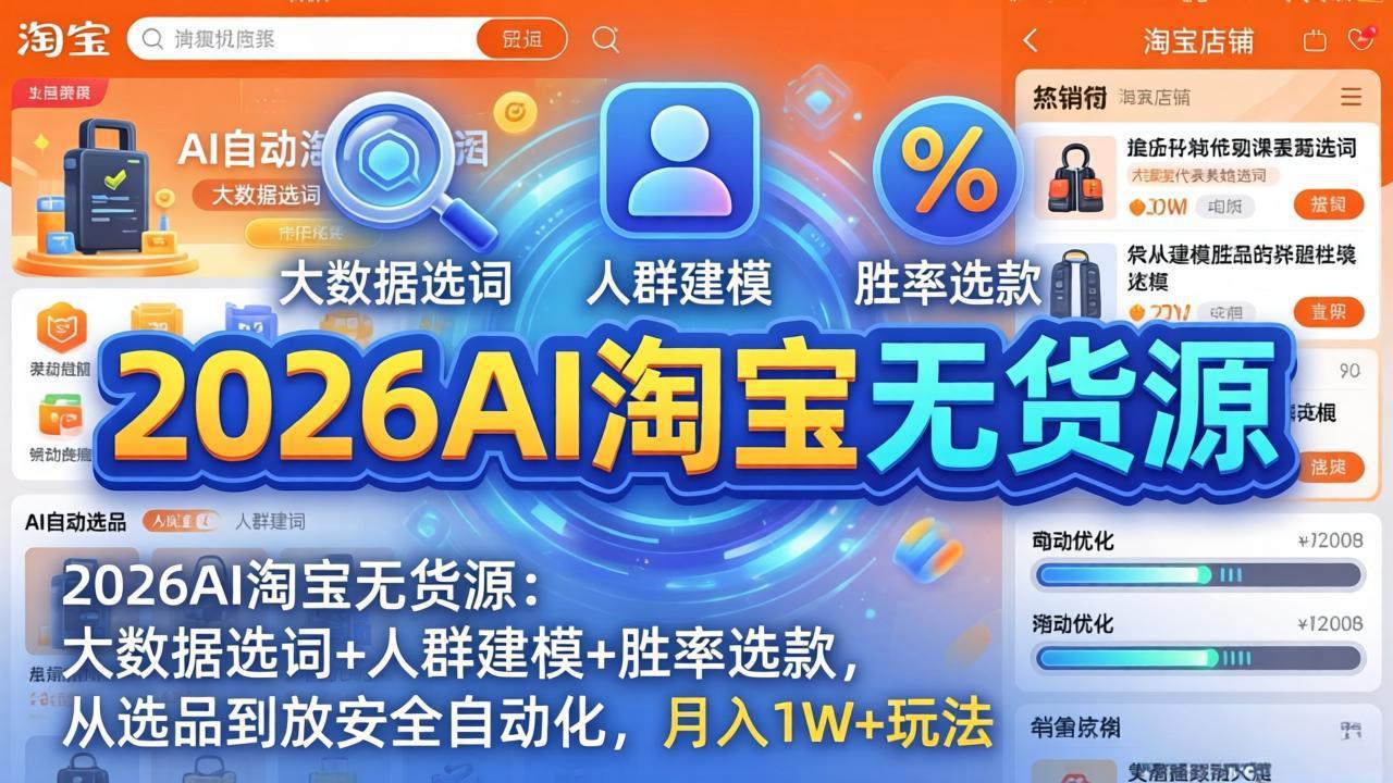 2026AI淘宝无货源-4月更新：大数据选词+人群建模+胜率选款，从选品到放大全自动化，月入1W+玩法-海之城短剧项目
