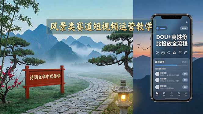风景类赛道短视频运营教学：诗词文学中式美学，新号养号对标账号定位，DOU+高性价比投放全流程-海之城短剧项目