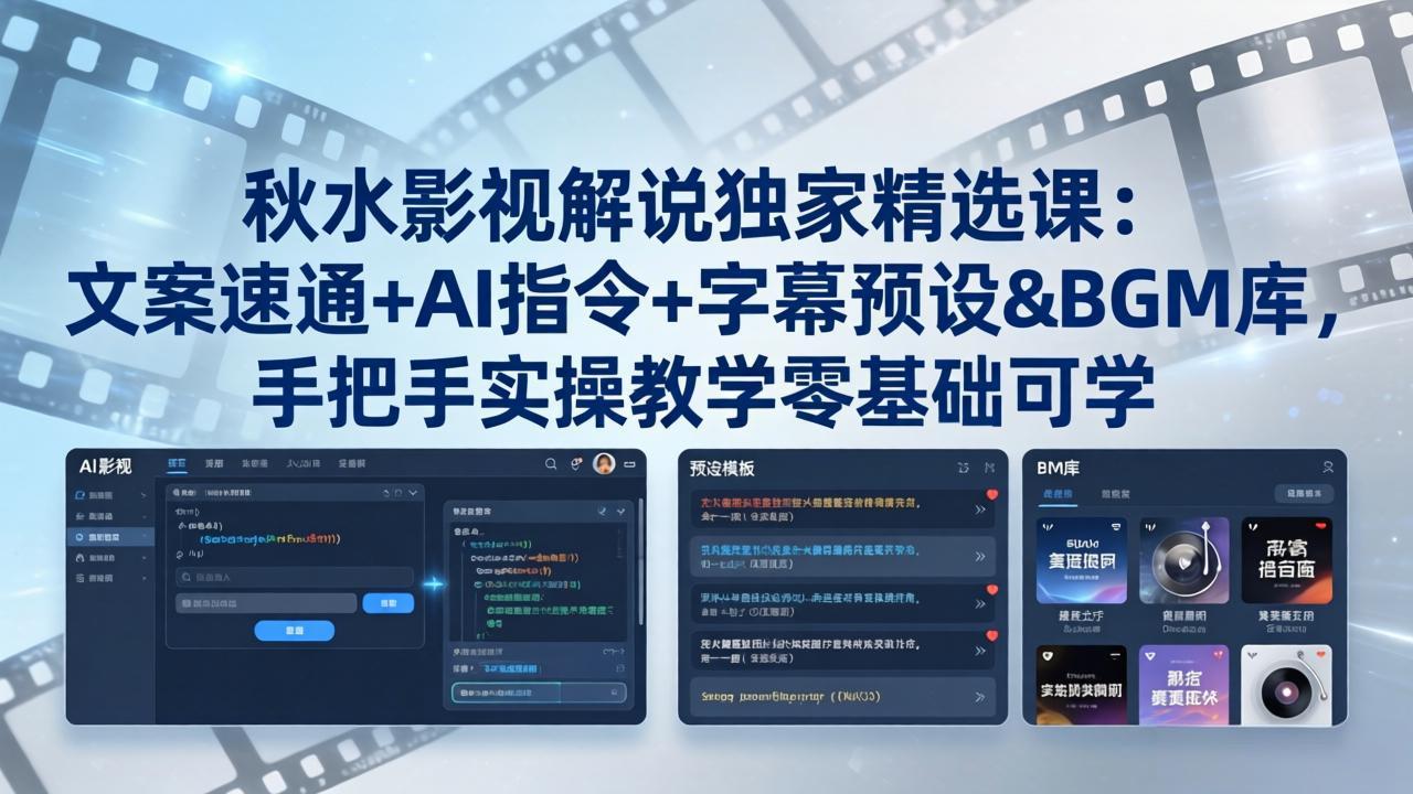 秋水影视解说独家精选课：文案速通+AI指令+字幕预设+BGM库，手把手实操教学零基础可学-海之城短剧项目