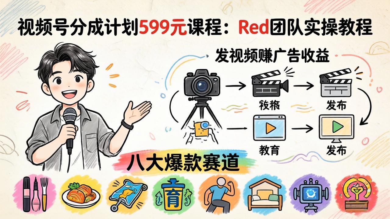 视频号分成计划599元课程：Red团队实操教程，发视频赚广告收益，八大爆款赛道全掌握-海之城短剧项目