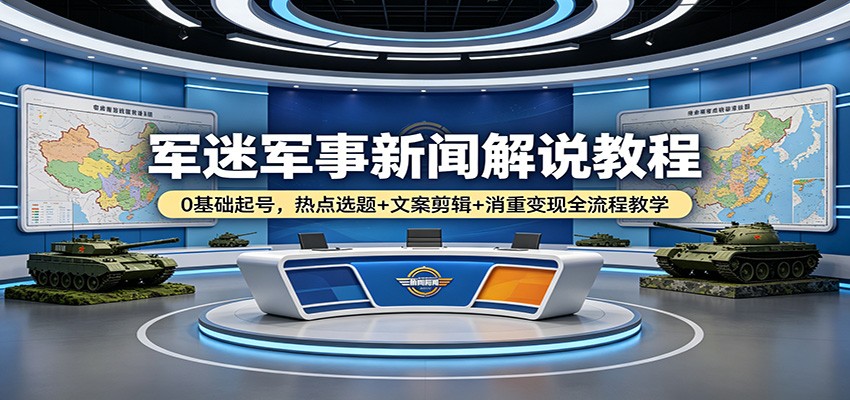 军迷军事新闻解说教程：0基础起号，热点选题+文案剪辑+消重变现全流程教学-海之城短剧项目