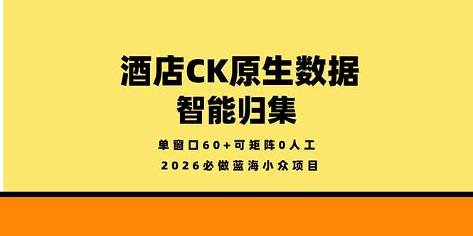 2026必做蓝海小众项目，酒店CK原生数据智能归集，单窗口60+可矩阵0人工-海之城短剧项目
