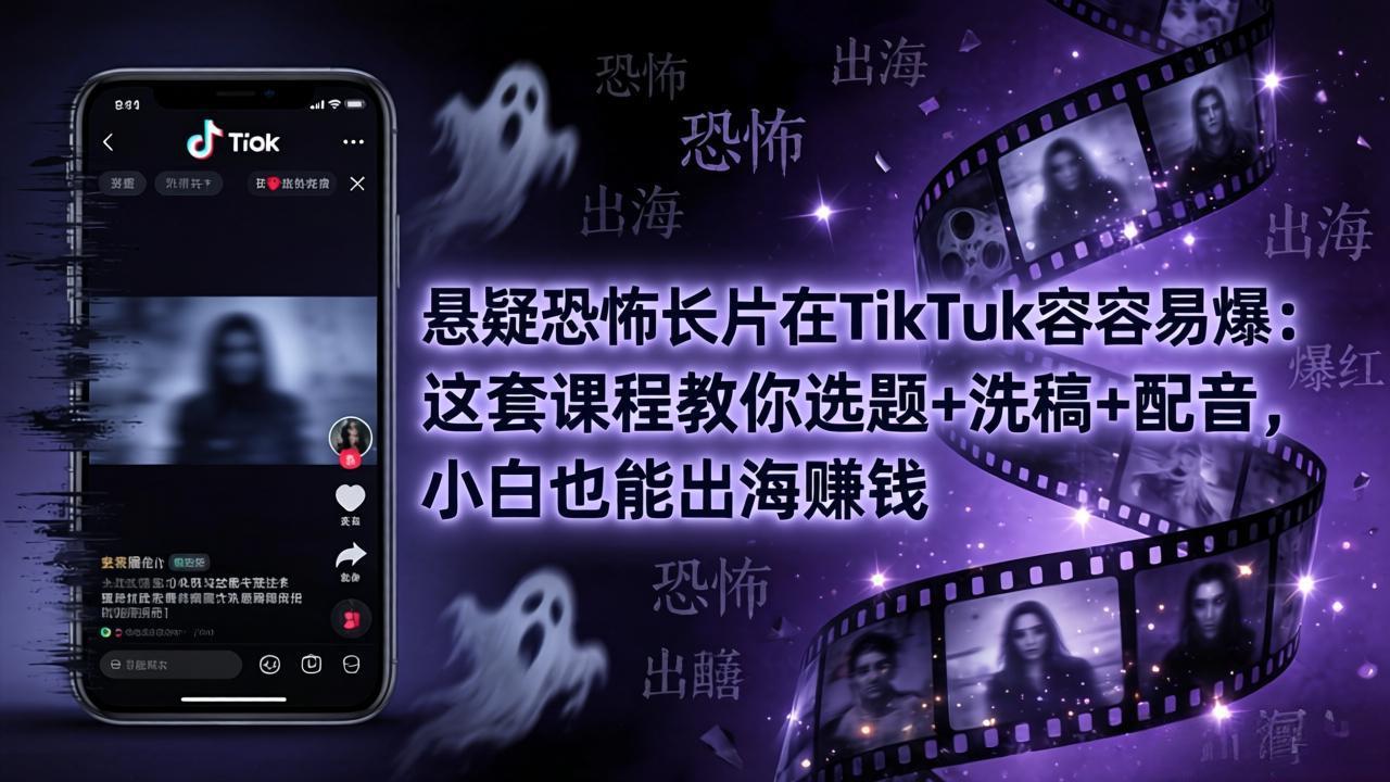 悬疑恐怖长片在TikTok最容易爆：这套课程教你选题+洗稿+配音，小白也能出海赚钱-海之城短剧项目