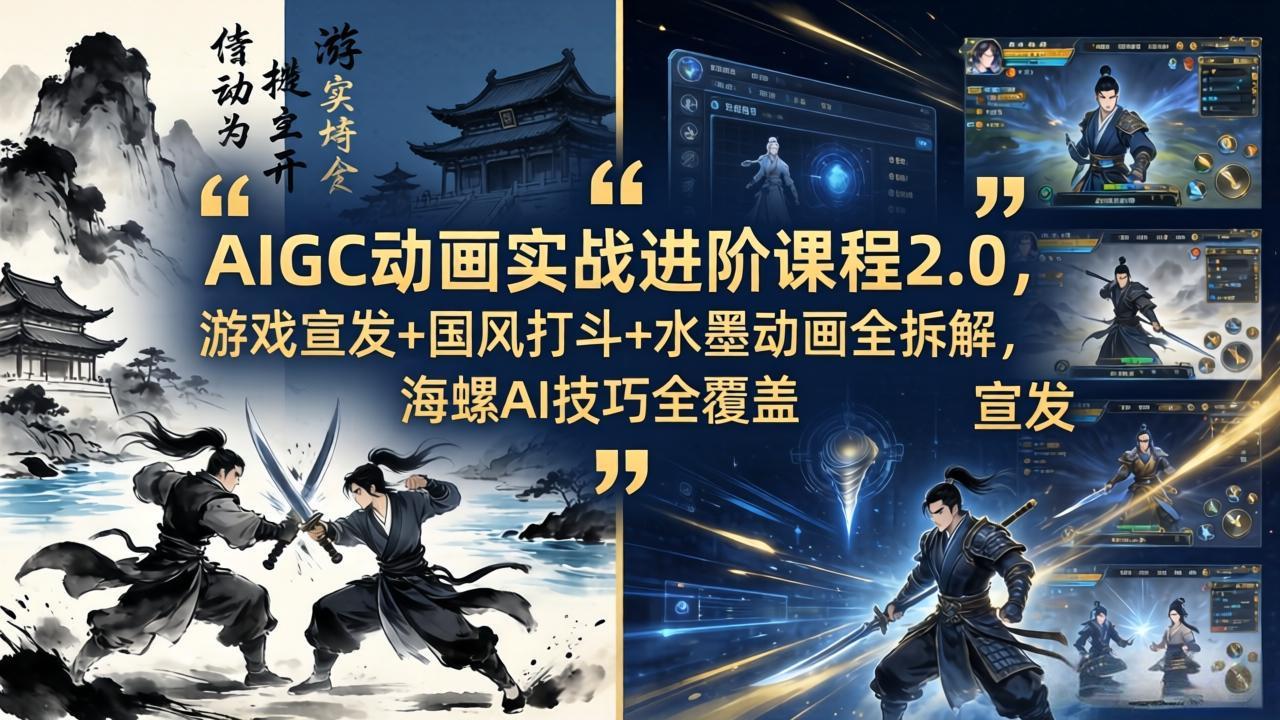 AIGC动画实战进阶课程2.0，游戏宣发+国风打斗+水墨动画全拆解，海螺AI技巧全覆盖-海之城短剧项目