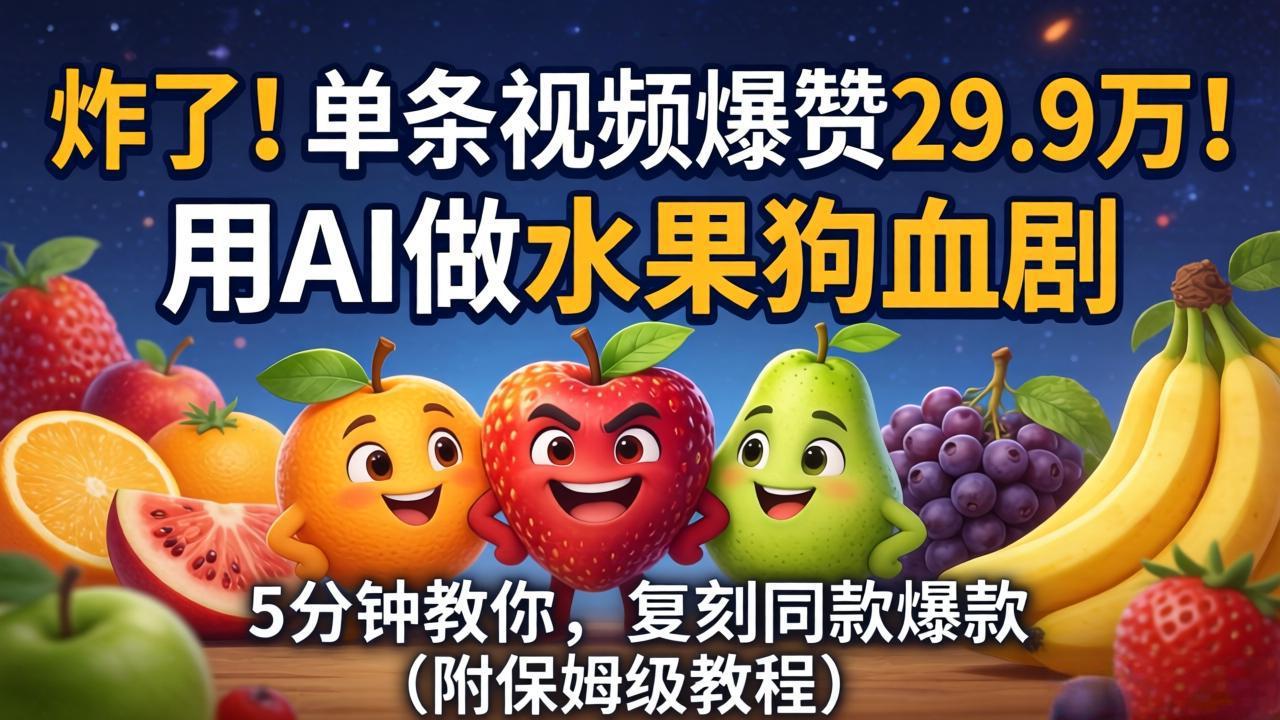 炸了！单条视频爆赞 29.9 万！用 AI 做水果狗血剧，5 分钟教你，复刻同款爆款（附保姆级教程）-海之城短剧项目