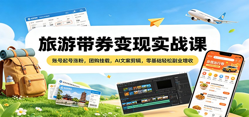 旅游带券变现实战课：账号起号涨粉，团购挂载，AI文案剪辑，零基础轻松副业增收-海之城短剧项目
