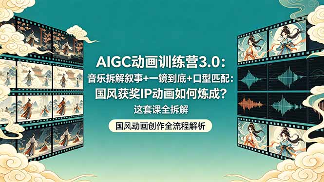 AIGC动画训练营3.0：音乐拆解叙事+一镜到底+口型匹配：国风获奖IP动画如何炼成？这套课全拆解-海之城短剧项目