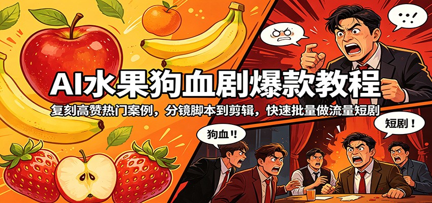 AI水果狗血剧爆款教程：复刻高赞热门案例，分镜脚本到剪辑，快速批量做流量短剧-海之城短剧项目