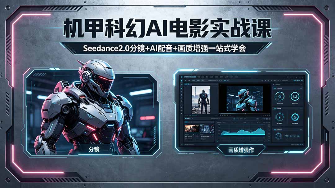 机甲科幻 AI 电影实战课，Seedance2.0 分镜 + AI 配音 + 画质增强一站式学会-海之城短剧项目
