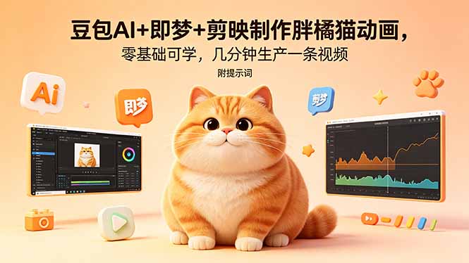 豆包AI+即梦+剪映制作胖橘猫动画，零基础可学，几分钟生产一条视频，附提示词-海之城短剧项目