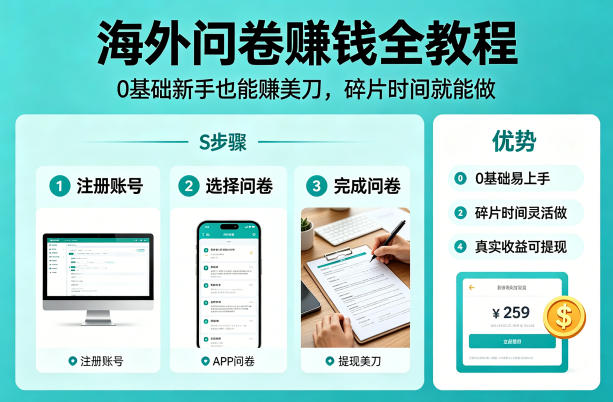 海外问卷賺钱全教程，0基础新手也能賺美刀，碎片时间就能做-海之城短剧项目