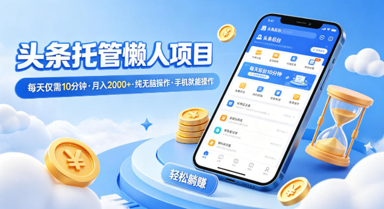 头条托管懒人项目，每天仅需10分钟，月入2000+，纯无脑操作，手机就能操作-海之城短剧项目