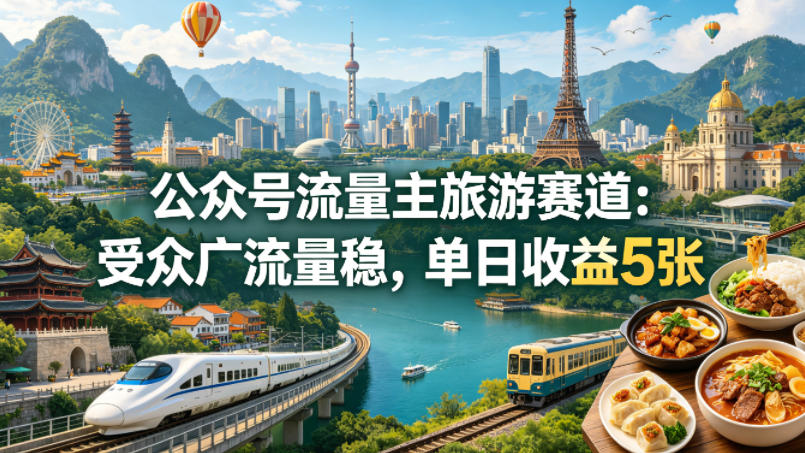 公众号流量主之旅游赛道，受众广+流量稳，平均单日收益5张+-海之城短剧项目