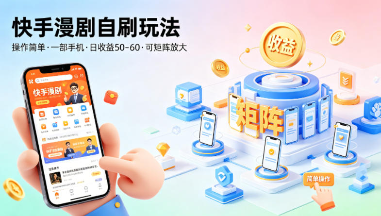 快手漫剧自刷玩法，操作简单，一部手机就可以做，一天50-60收益，可矩阵放大-海之城短剧项目