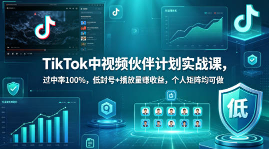 TikTok中视频伙伴计划实战课，过中率100%，低封号+播放量賺收益，个人矩阵均可做-海之城短剧项目
