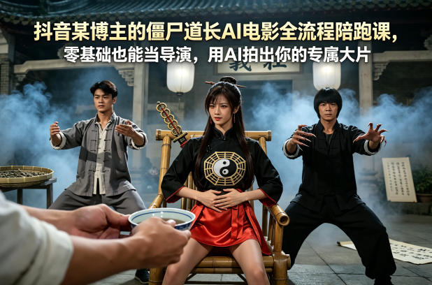 抖音某博主的僵尸道长AI电影全流程陪跑课，零基础也能当导演，用AI拍出你的专属大片-海之城短剧项目