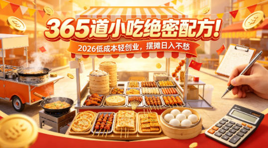 365道小吃绝密配方！2026低成本轻创业，摆摊日入不愁-海之城短剧项目