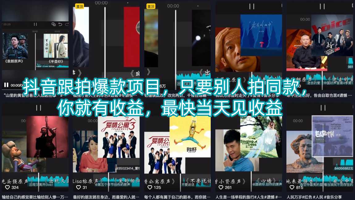 抖音跟拍爆款项目，只要别人拍同款，你就有收益，最快当天见收益-海之城短剧项目