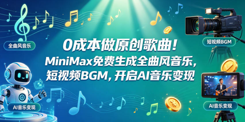 0成本做原创歌曲！MiniMax免费生成全曲风音乐，短视频BGM，开启AI音乐变现-海之城短剧项目