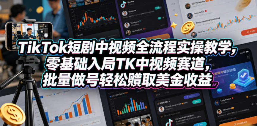 TikTok短剧中视频全流程实操教学，零基础入局TK中视频赛道，批量做号轻松賺取美金收益-海之城短剧项目