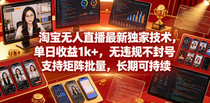 淘宝无人直播最新独家技术，单日收益1k+，无违规不封号，支持矩阵批量，长期可持续-海之城短剧项目