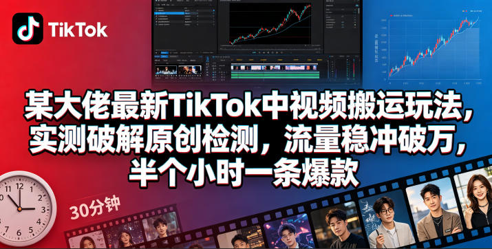 某大佬最新TikTok中视频搬运玩法，实测破解原创检测，流量稳冲破万，半个小时一条爆款-海之城短剧项目
