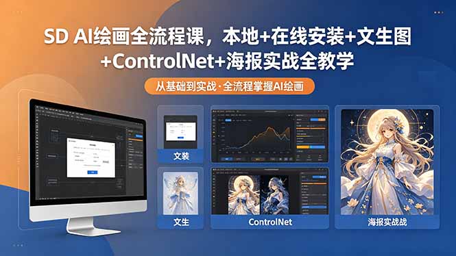 SD AI绘画全流程课，本地+在线安装+文生图+ControlNet+海报实战全教学-海之城短剧项目