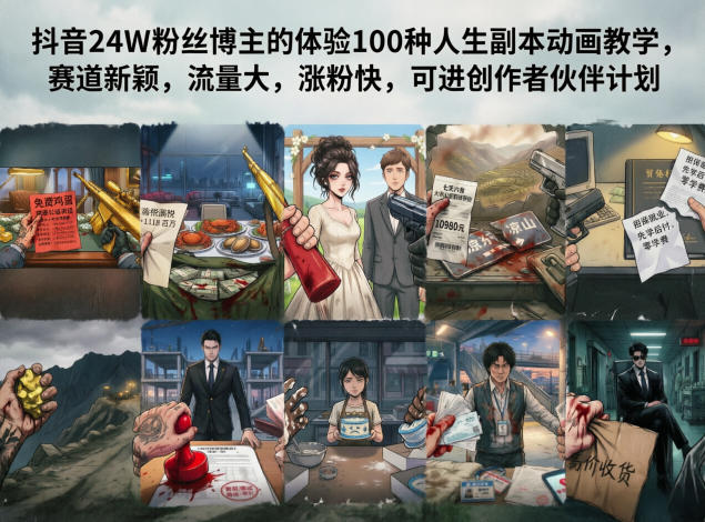抖音24W粉丝博主的体验100种人生副本动画教学，赛道新颖，流量大，涨粉快，可进创作者伙伴计划-海之城短剧项目