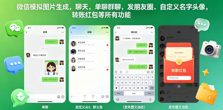 微信模拟图片生成，聊天，单聊群聊，发朋友圈，自定义名字头像，转账红包等所有功能都可以生成-海之城短剧项目