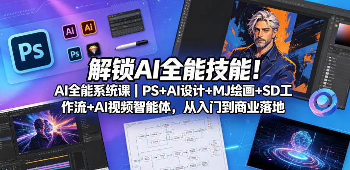 解锁AI全能技能！AI全能系统课｜PS+AI设计+MJ绘画+SD工作流+AI视频智能体，从入门到商业落地-海之城短剧项目