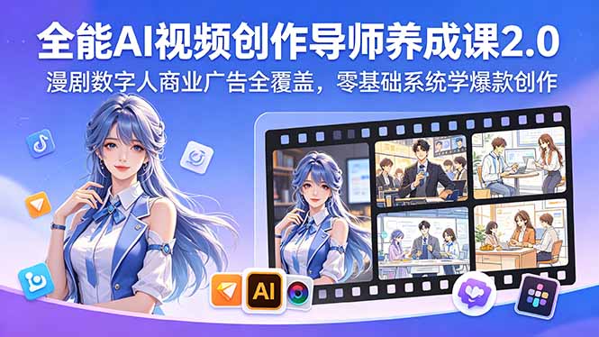 全能AI视频创作导师养成课2.0，漫剧数字人商业广告全覆盖，零基础系统学爆款创作-海之城短剧项目