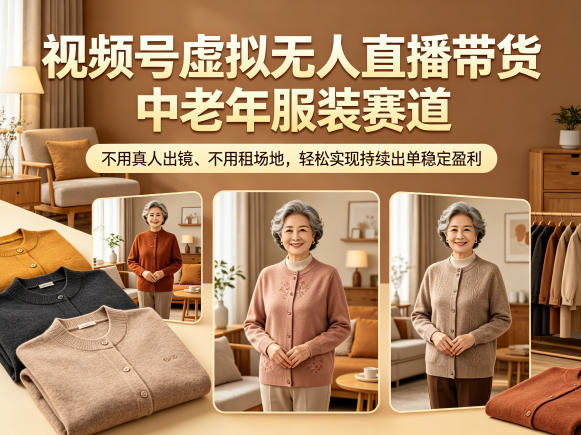 视频号虚拟无人直播带货中老年服装赛道，不用真人出镜、不用租场地，轻松实现持续出单稳定盈利-海之城短剧项目