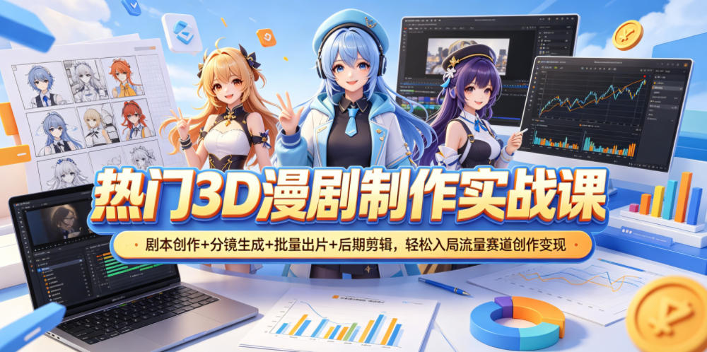 热门3D漫剧制作实战课，剧本创作+分镜生成+批量出片+后期剪辑，轻松入局流量赛道创作变现-海之城短剧项目
