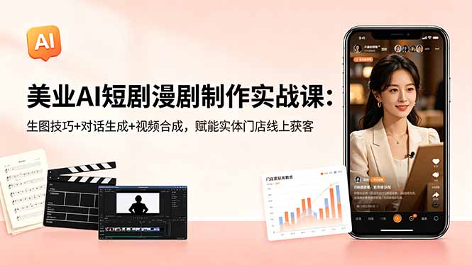 美业AI短剧漫剧制作实战课：生图技巧+对话生成+视频合成，赋能实体门店线上获客-海之城短剧项目
