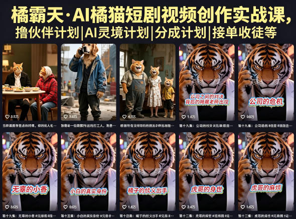 橘霸天·AI橘猫短剧视频创作实战课，撸伙伴计划|AI灵境计划|分成计划|接单收徒等-海之城短剧项目