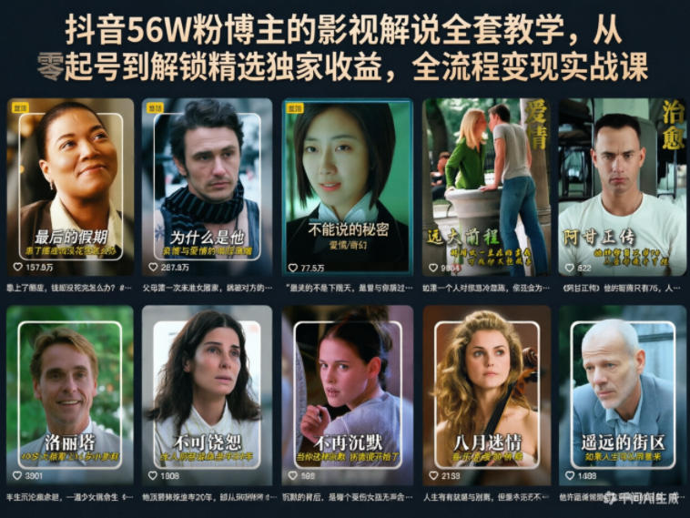 抖音56W粉博主的影视解说全套教学，从零起号到解锁精选独家收益，全流程变现实战课-海之城短剧项目