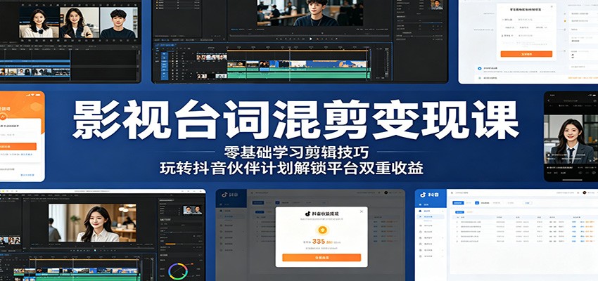影视台词混剪变现课：零基础学习剪辑技巧，玩转抖音伙伴计划解锁平台双重收益-海之城短剧项目