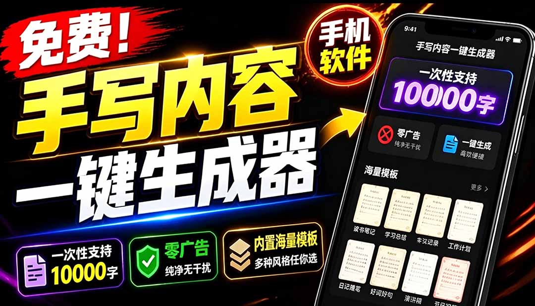 超逼真手写字体一键生成器，纯免费离线运行，一次性支持10000字，零广告，内置海量模板-海之城短剧项目