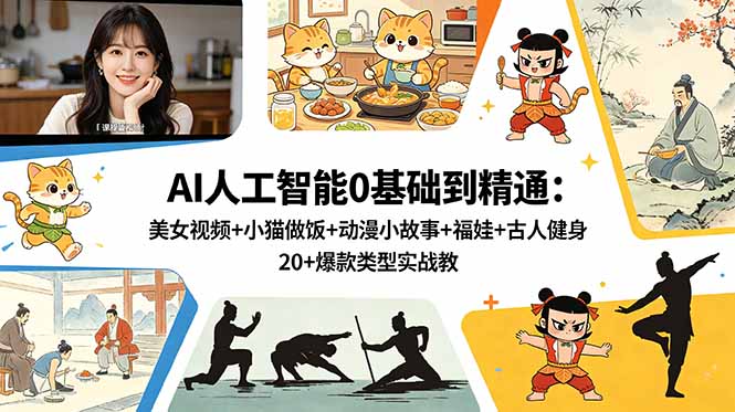 AI人工智能0基础到精通：美女视频+小猫做饭+动漫小故事+福娃+古人健身，20+爆款类型实战教学-海之城短剧项目