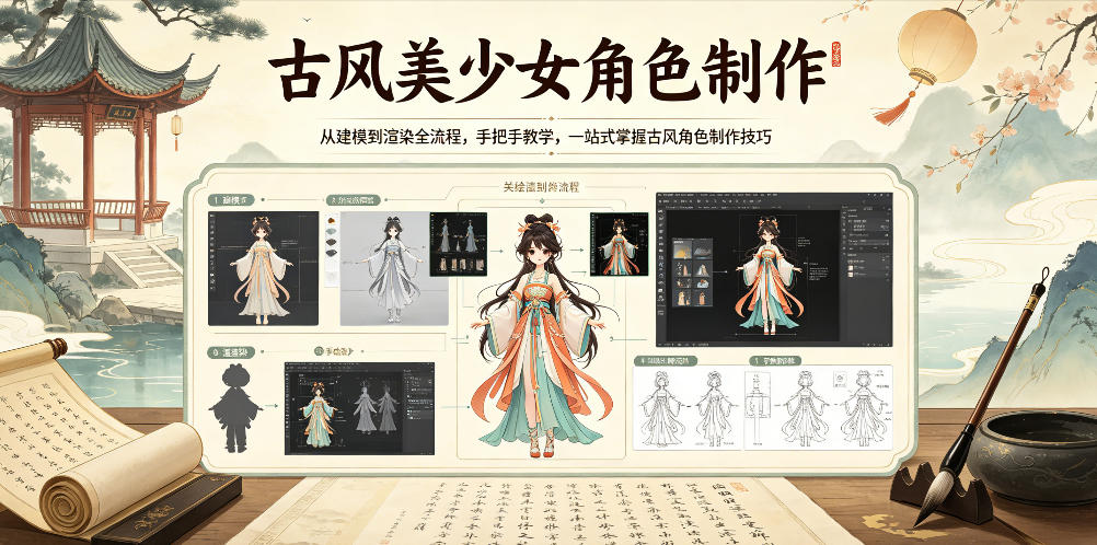 古风美少女角色制作，从建模到渲染全流程，手把手教学，一站式掌握古风角色制作技巧-海之城短剧项目