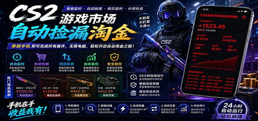 CSGO挂机捡漏项目通过利用游戏饰品交易机制，结合薄凉软件辅助捡漏，实现盈利-海之城短剧项目