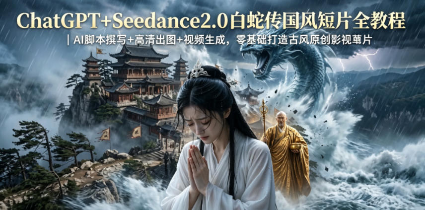 ChatGPT+Seedance2.0白蛇传国风短片全教程｜AI脚本撰写+高清出图+视频生成，零基础打造古风原创影视短片-海之城短剧项目