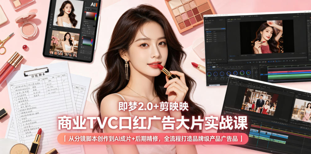 即梦2.0+剪映商业TVC口红广告大片实战课｜从分镜脚本创作到AI成片+后期精修，全流程打造品牌级产品广告-海之城短剧项目